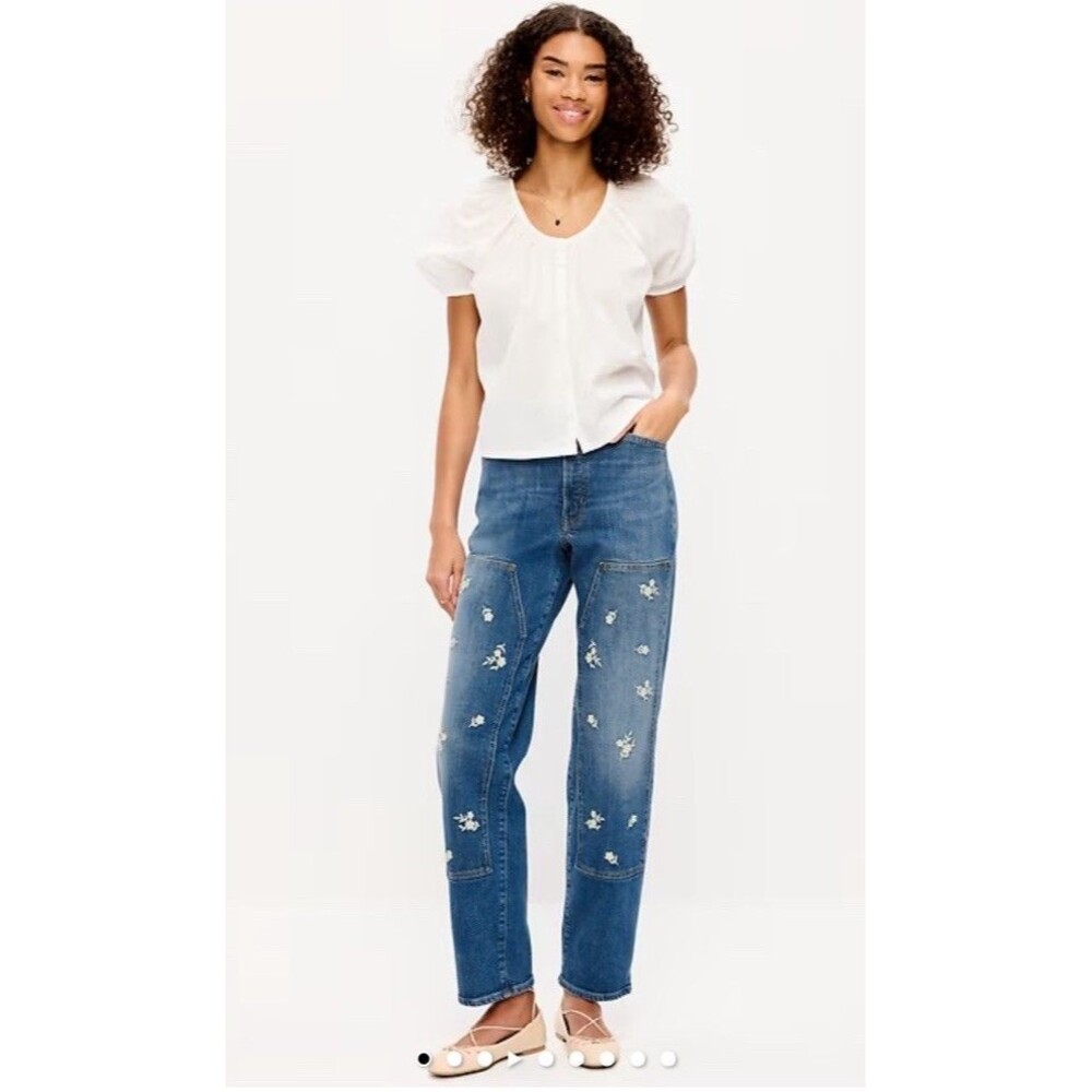 Old Navy High-Rise Loose Floral Embroidered Denim Women's 20 Button Zip NWT